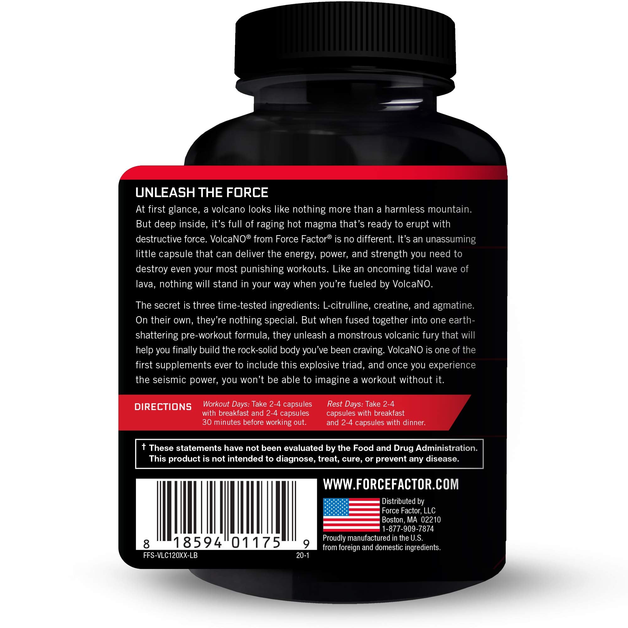 Label detail on Force Factor Volcano emphasizing the three key ingredients.