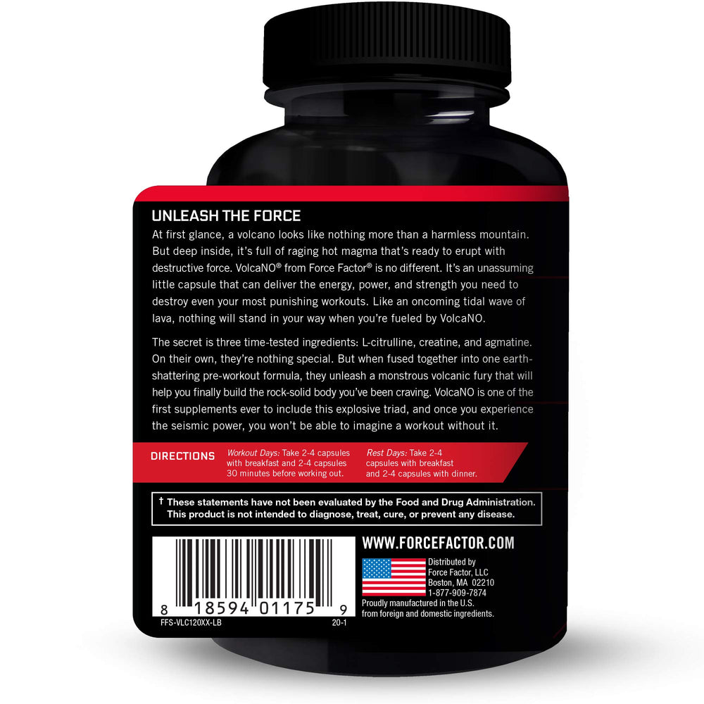 Label detail on Force Factor Volcano emphasizing the three key ingredients.