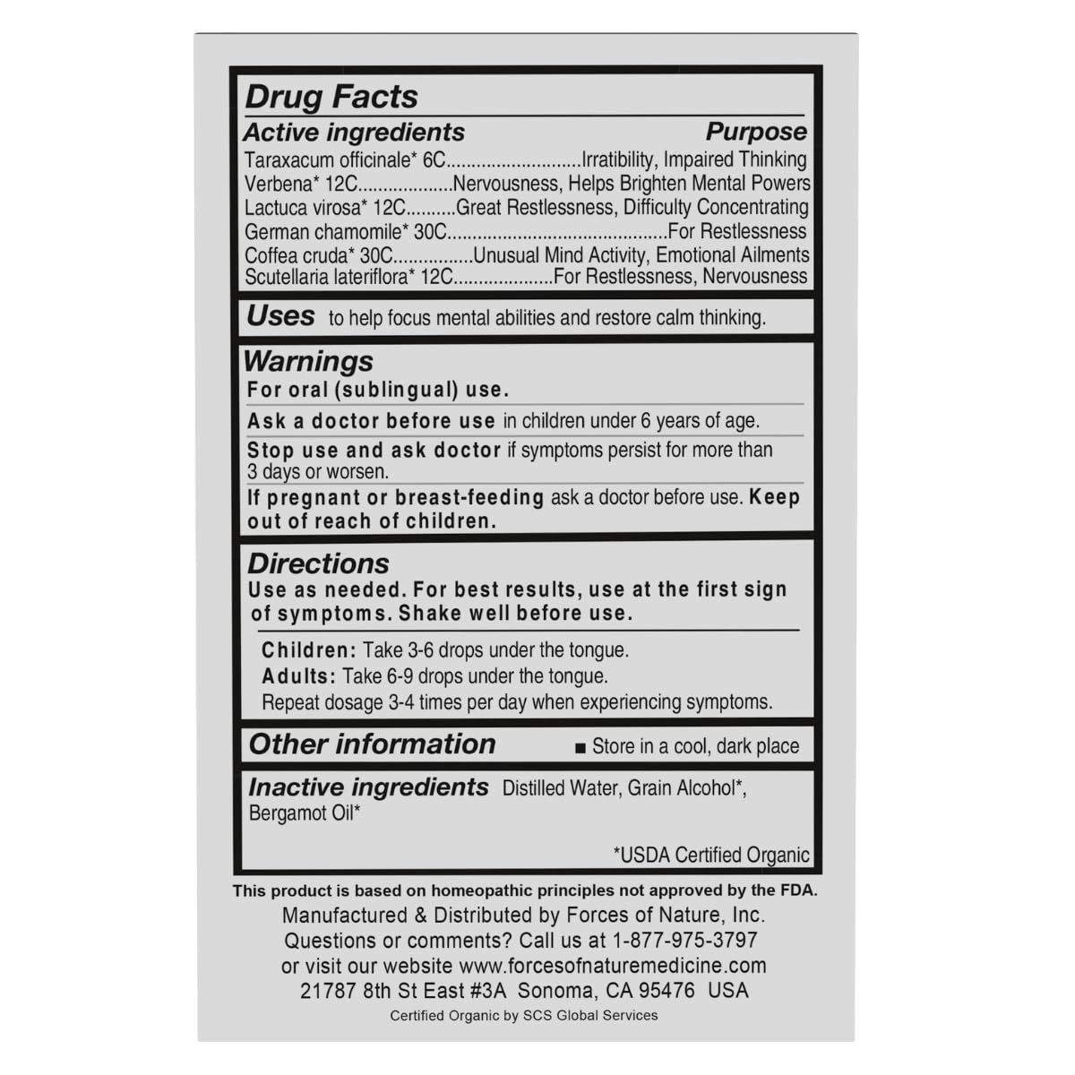 Forces of Nature Focus More label closeup, highlighting organic, cruelty-free formulation.