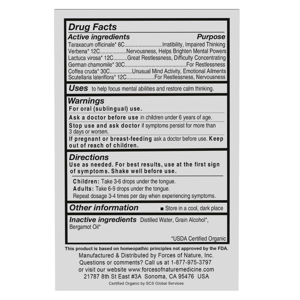 Forces of Nature Focus More label closeup, highlighting organic, cruelty-free formulation.