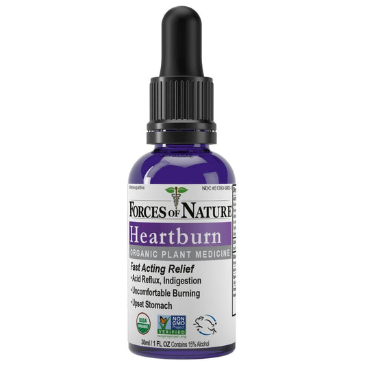 Forces of Nature Heartburn Relief bottle front showing organic, non-habit-forming relief option.