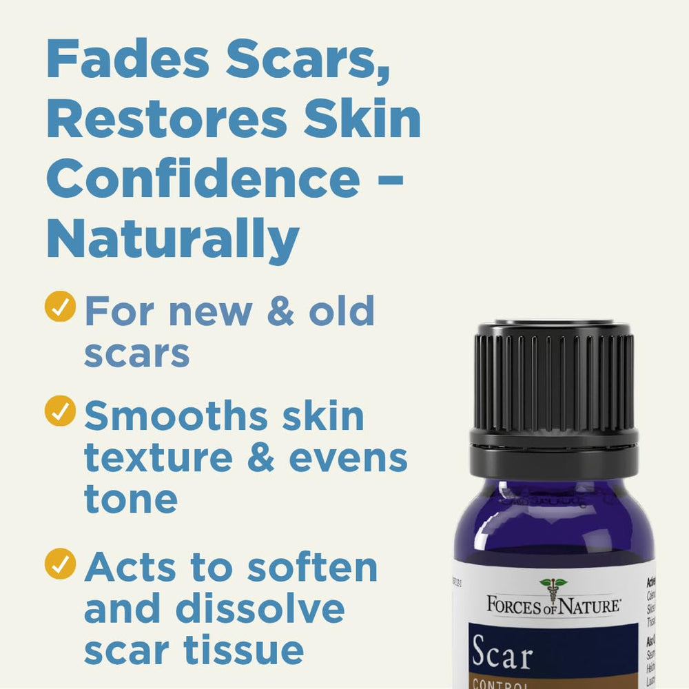 Forces of Nature Scar Control bottle packaging highlighting organic, USA-made skin care solution