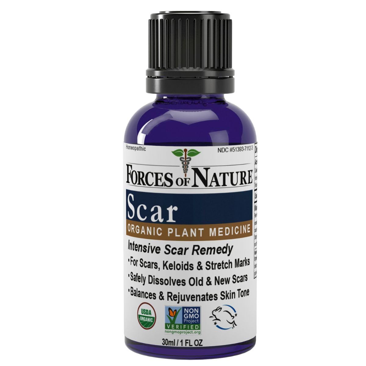Forces of Nature Scar Control bottle with rollerball for targeted scar care.