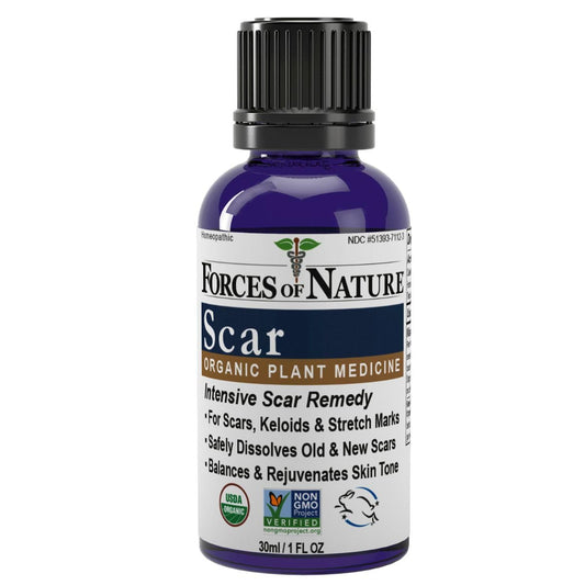 Forces of Nature Scar Control bottle with rollerball for targeted scar care.