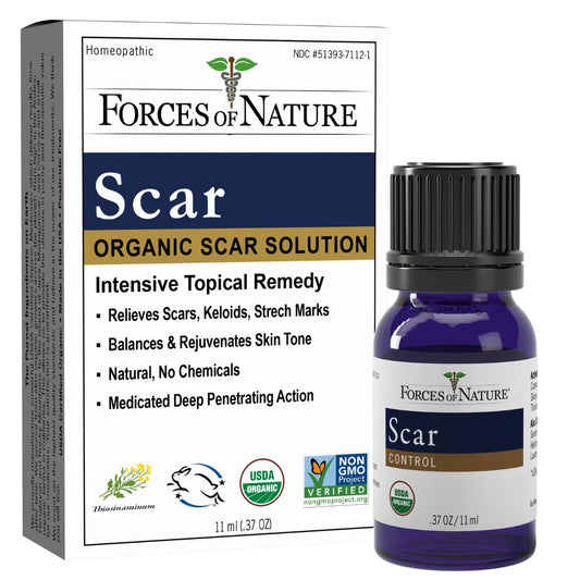 Forces of Nature Scar Control rollerball application showing precise scar care and soothing hydration