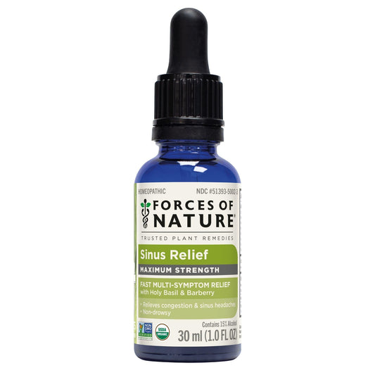 Forces of Nature Sinus Relief bottle with dropper for fast, non-drowsy relief.