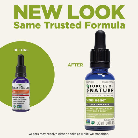 Forces of Nature Sinus Relief under tongue drops ready for on-the-go use.