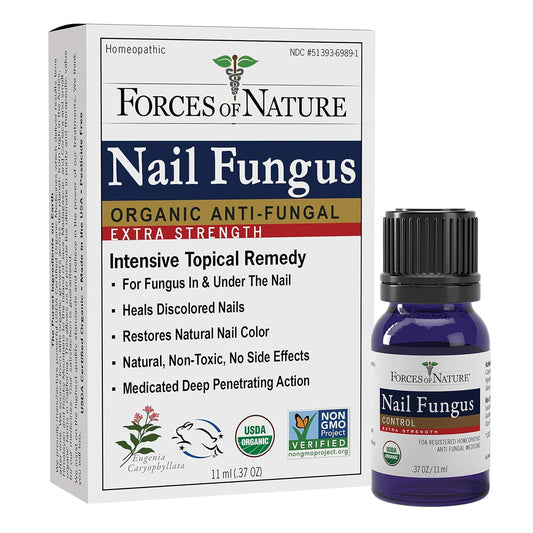 Forces of Nature Toenail Fungus Extra Strength bottle supports healthier-looking nails
