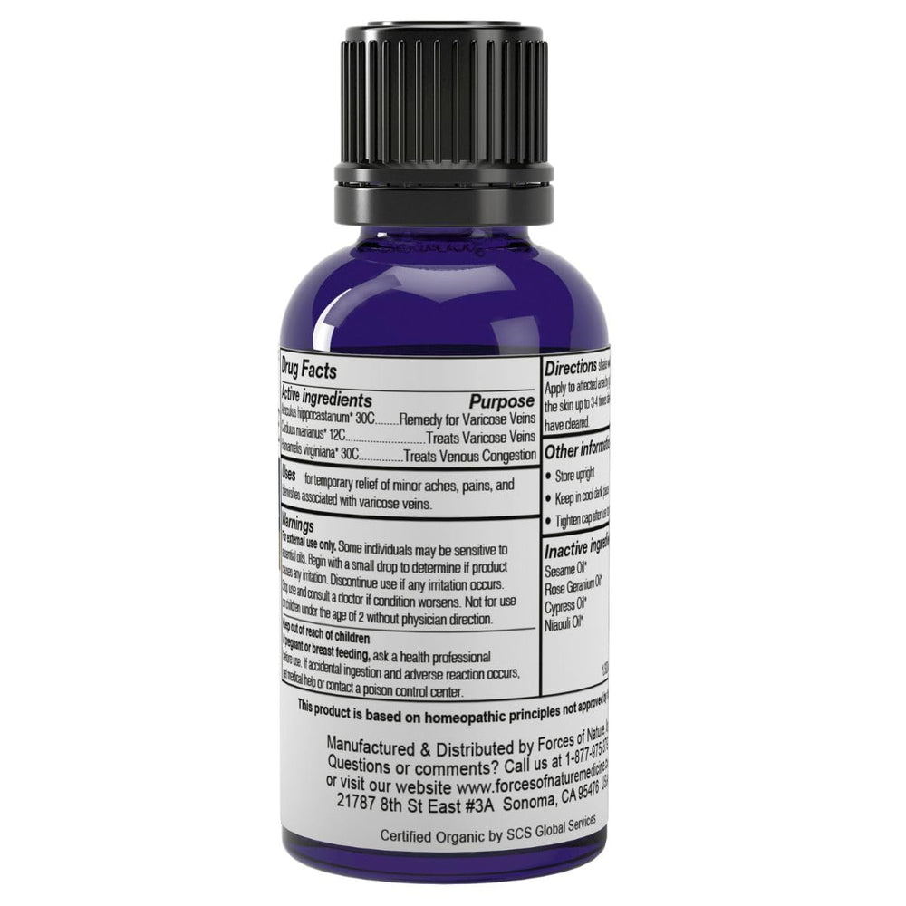 Forces of Nature Varicose Vein Treatment label closeup reveals organic formula.