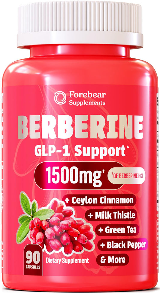 Forebear Berberine 1500mg bottle shows high-potency metabolic support.