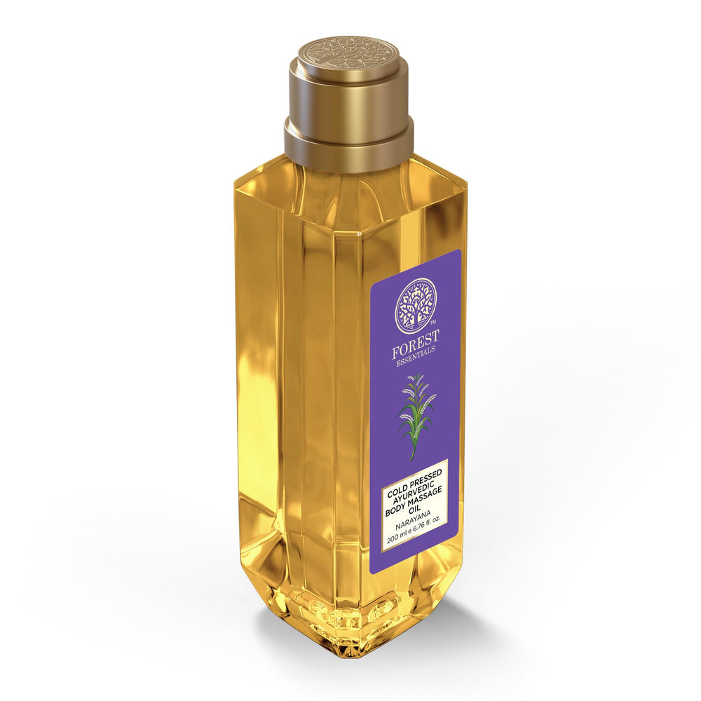 Forest Essentials Narayana Ayurvedic Body Massage Oil application shows evening massage use
