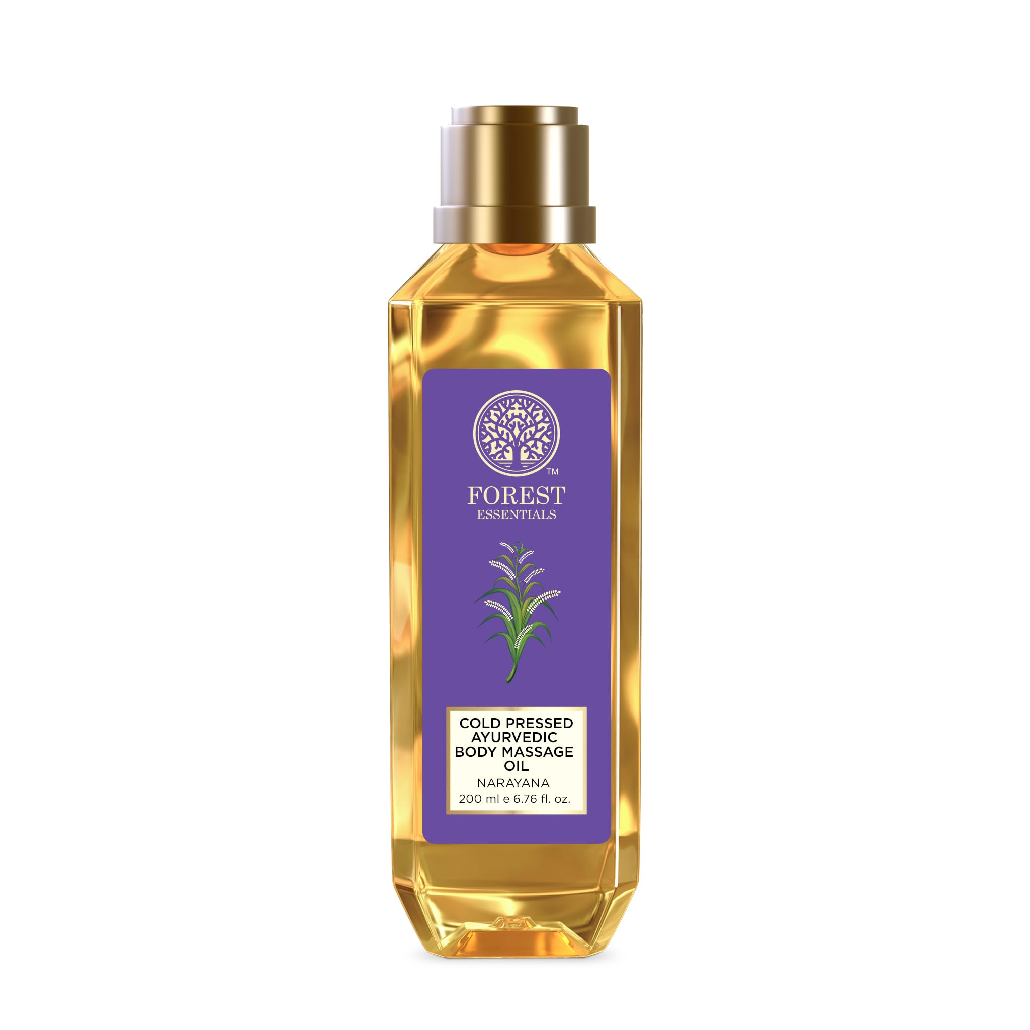 Forest Essentials Narayana Ayurvedic Body Massage Oil bottle pour promotes relaxation at home