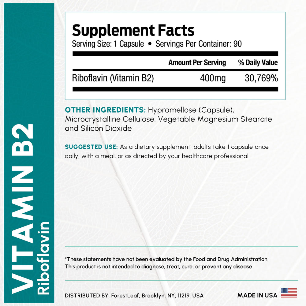 ForestLeaf riboflavin 400mg label closeup highlights purity and nervous system support.