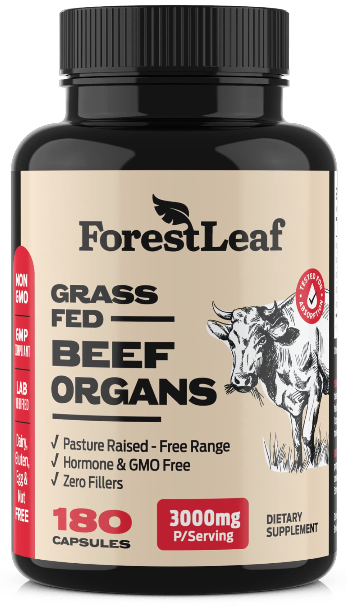 ForestLeaf Beef Organ Supplement bottle showing full ingredient lineup for daily vitality