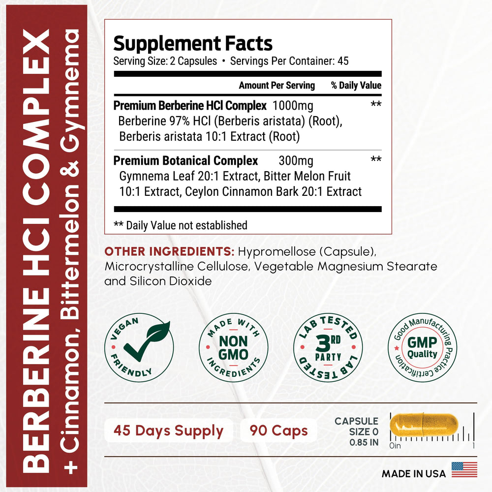 ForestLeaf Berberine ingredients panel highlights cinnamon, bitter melon and gymnema
