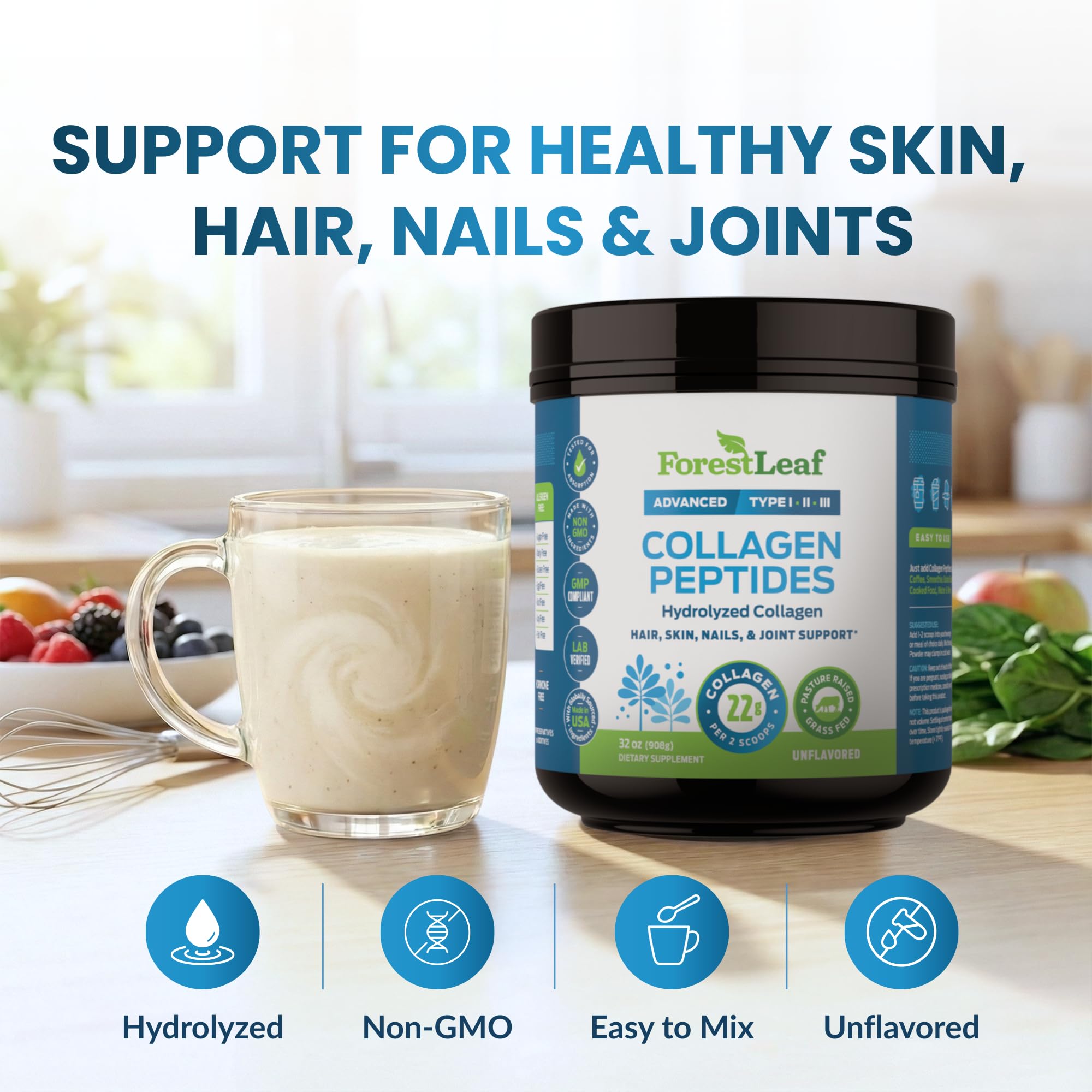 ForestLeaf collagen powder scoop beside jar for easy measurement.