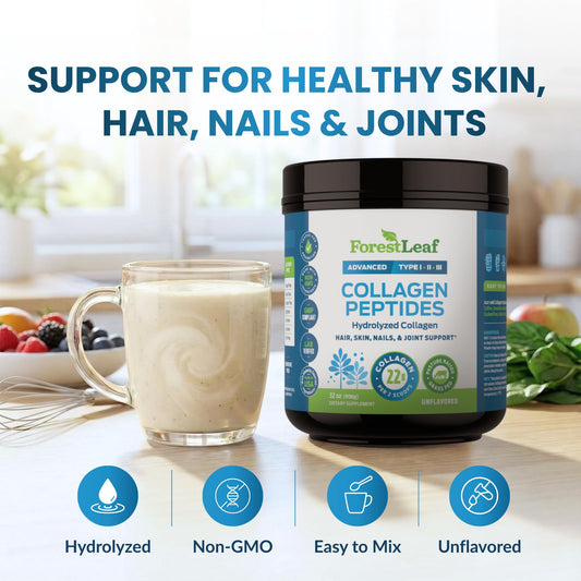 ForestLeaf collagen powder scoop beside jar for easy measurement.