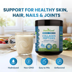 ForestLeaf collagen powder scoop beside jar for easy measurement.