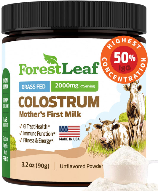 ForestLeaf Colostrum Powder bottle on kitchen counter highlighting immune and gut support