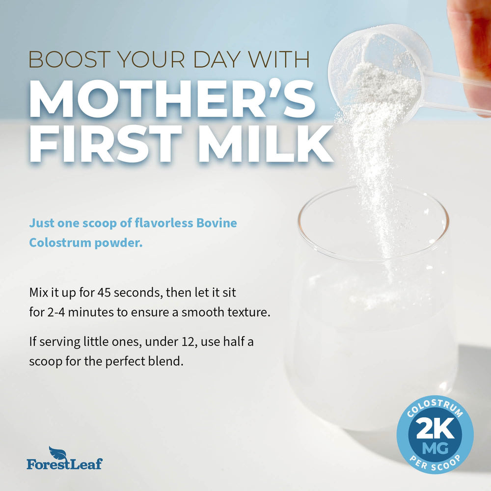 ForestLeaf Colostrum Powder on kitchen shelf with keto-friendly claim