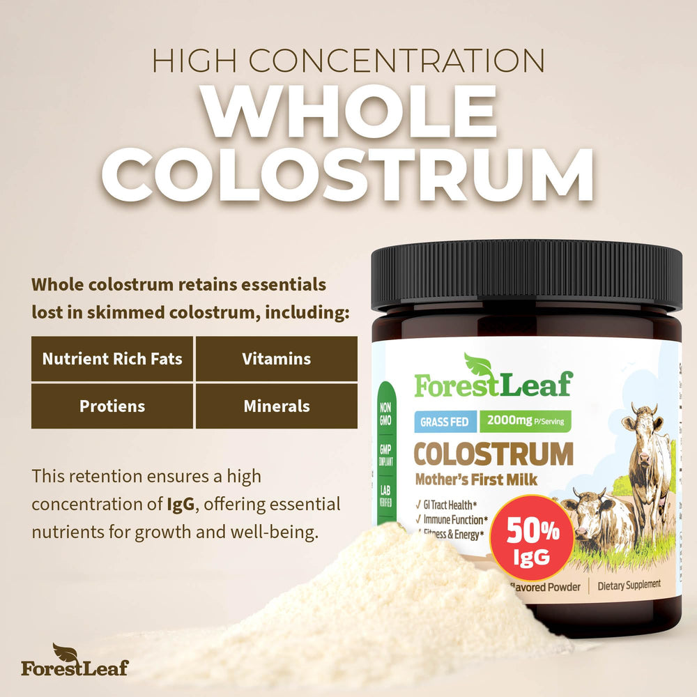 ForestLeaf Colostrum Powder scoop beside a glass to illustrate easy daily intake