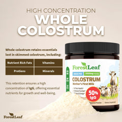 ForestLeaf Colostrum Powder scoop beside a glass to illustrate easy daily intake