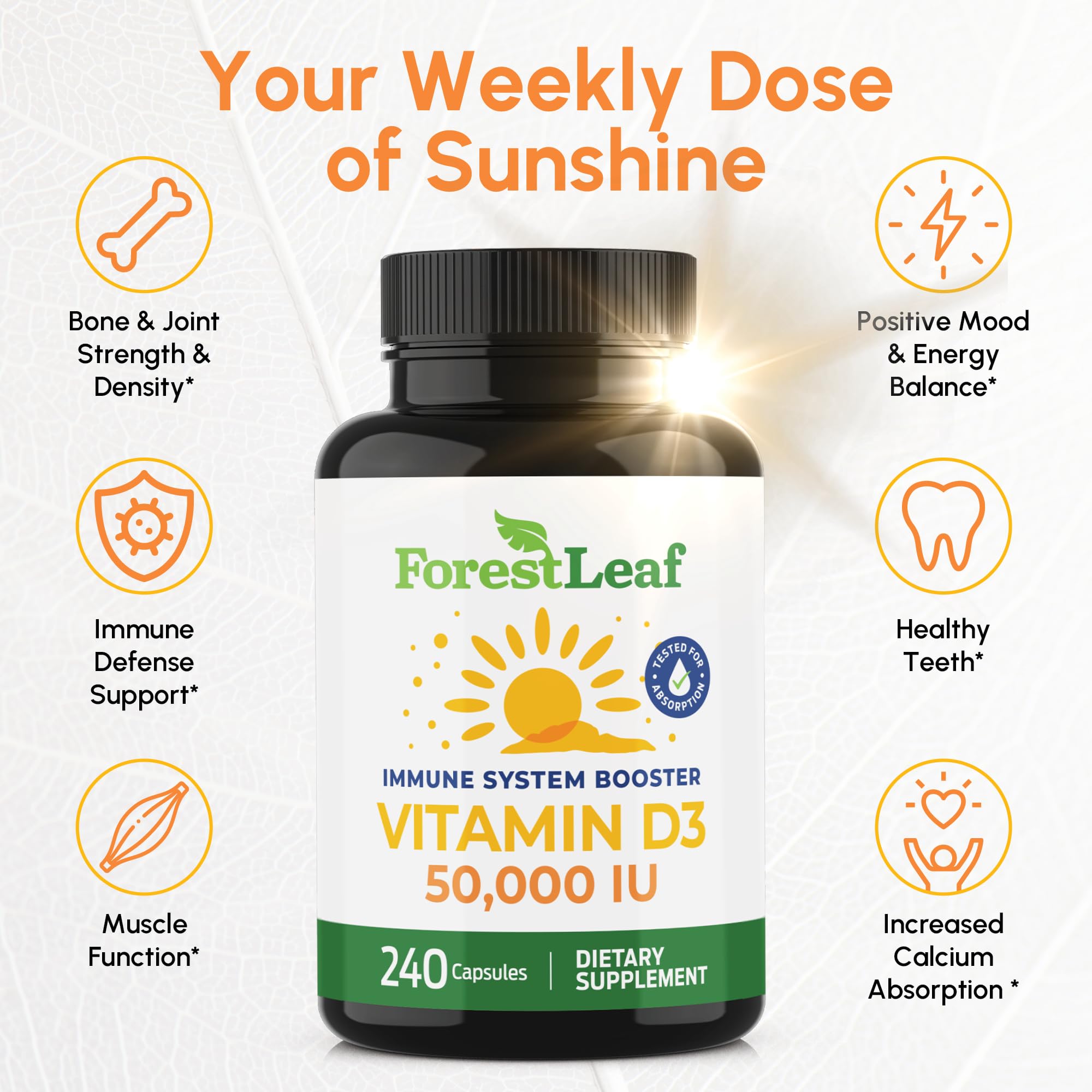 ForestLeaf D3 clean label on bottle highlights non-GMO, soy-free formula.