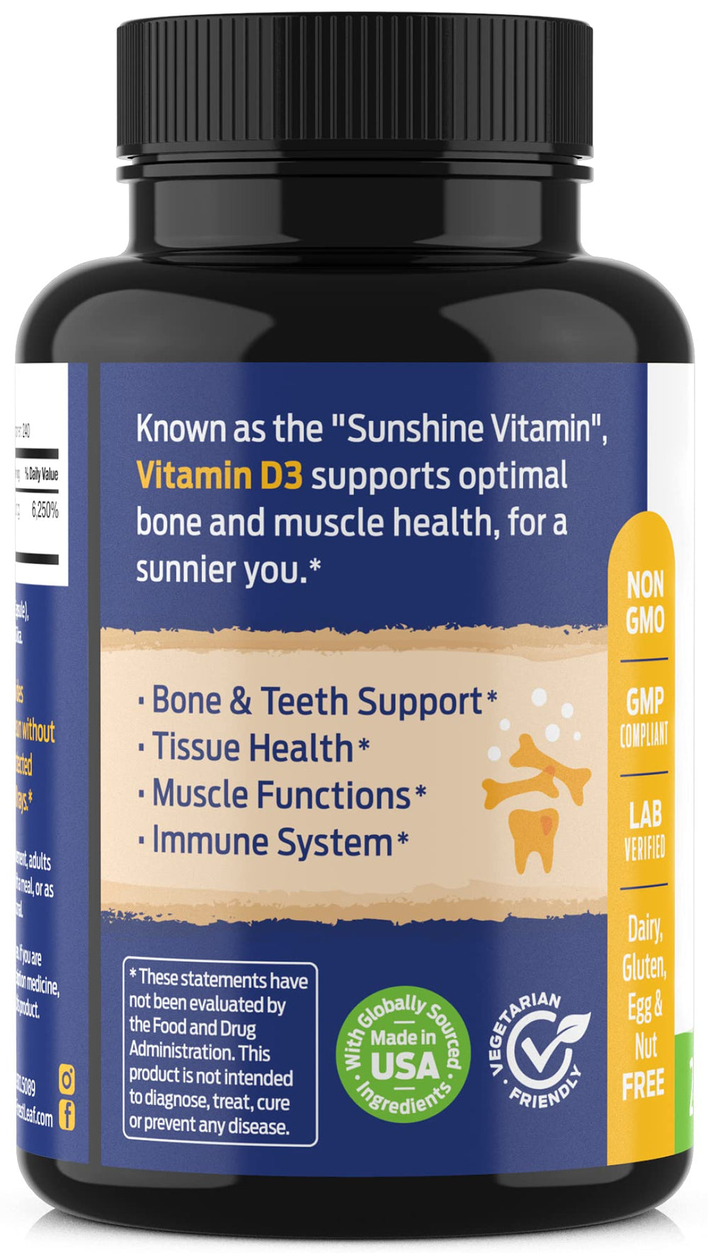 ForestLeaf D3 label highlighting weekly intake and immune support in lifestyle scene.