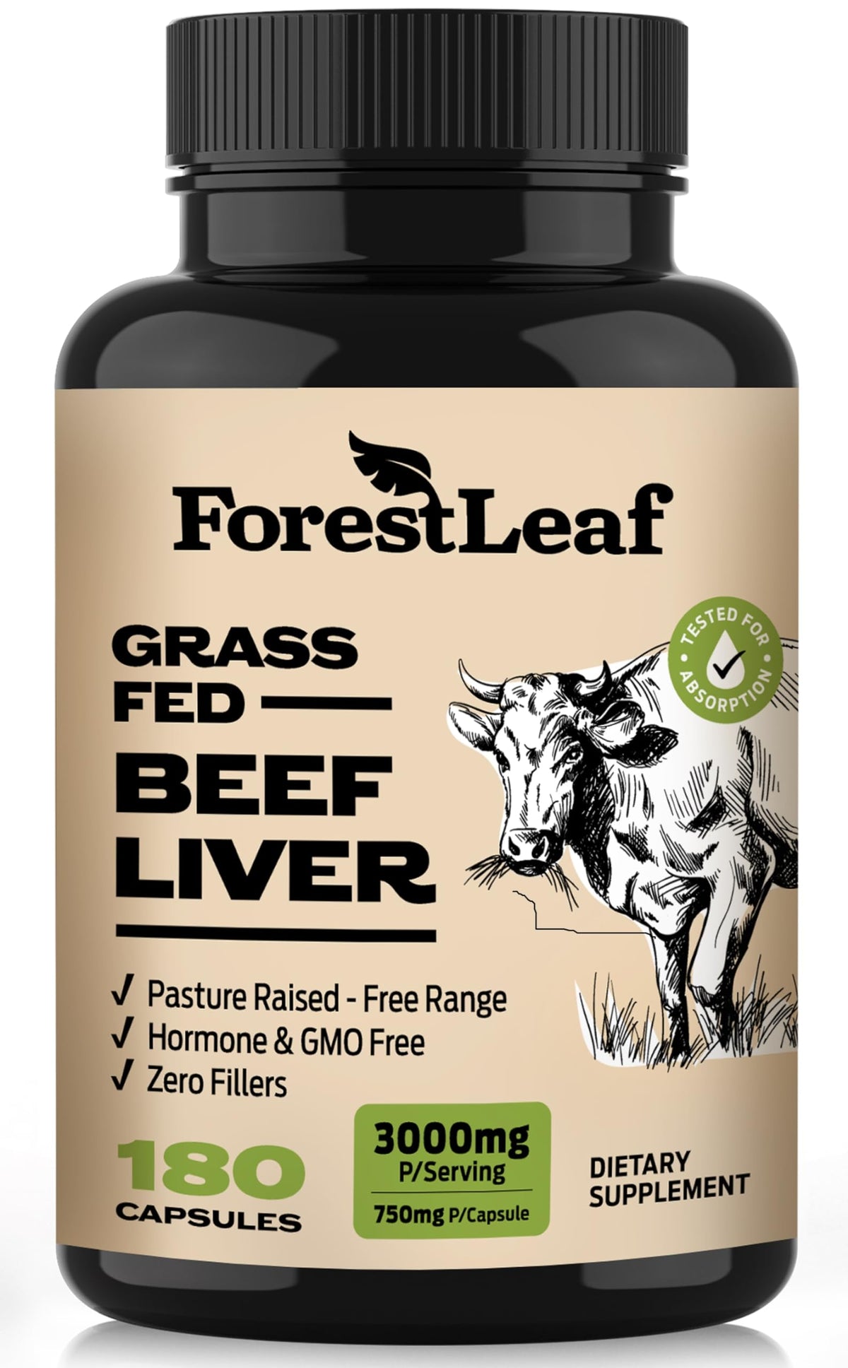 ForestLeaf grass-fed beef liver capsules bottle for daily immune and energy support.