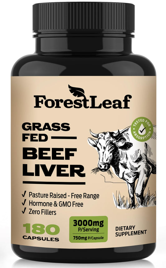 ForestLeaf grass-fed beef liver capsules bottle for daily immune and energy support.