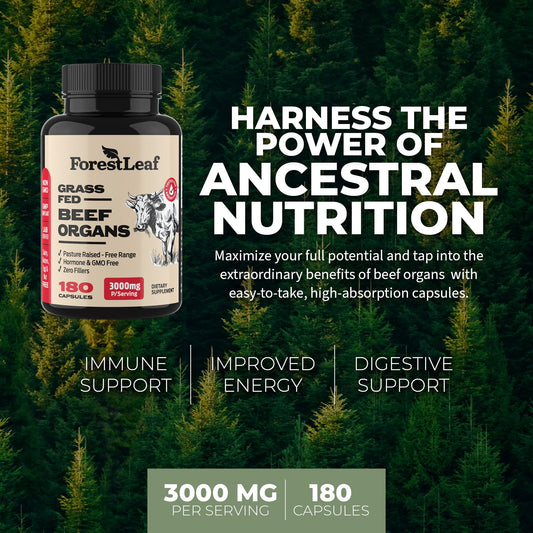 ForestLeaf grass-fed liver capsules on bottle label signaling pasture-raised quality