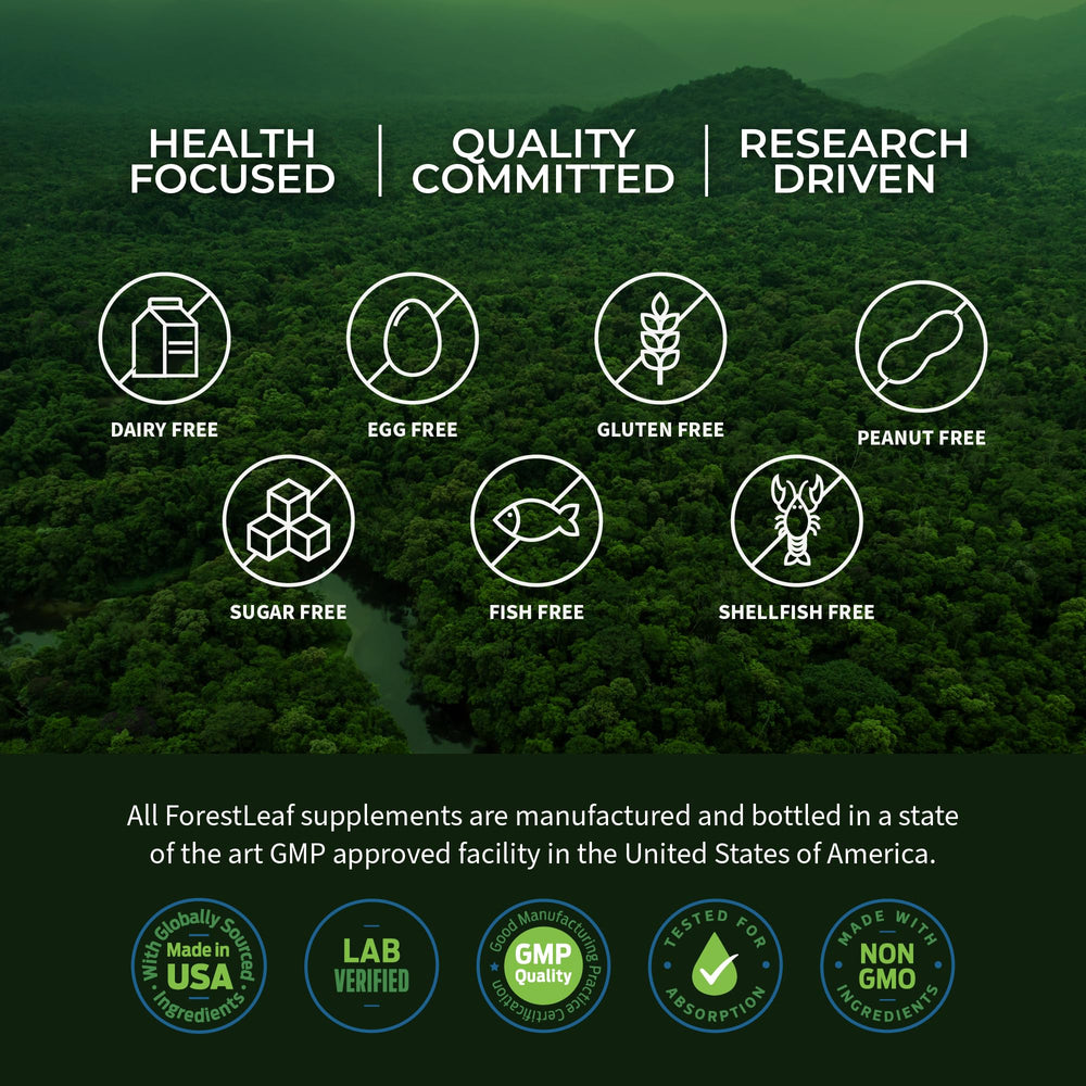 ForestLeaf lab-tested seal and GMP badge visible on packaging