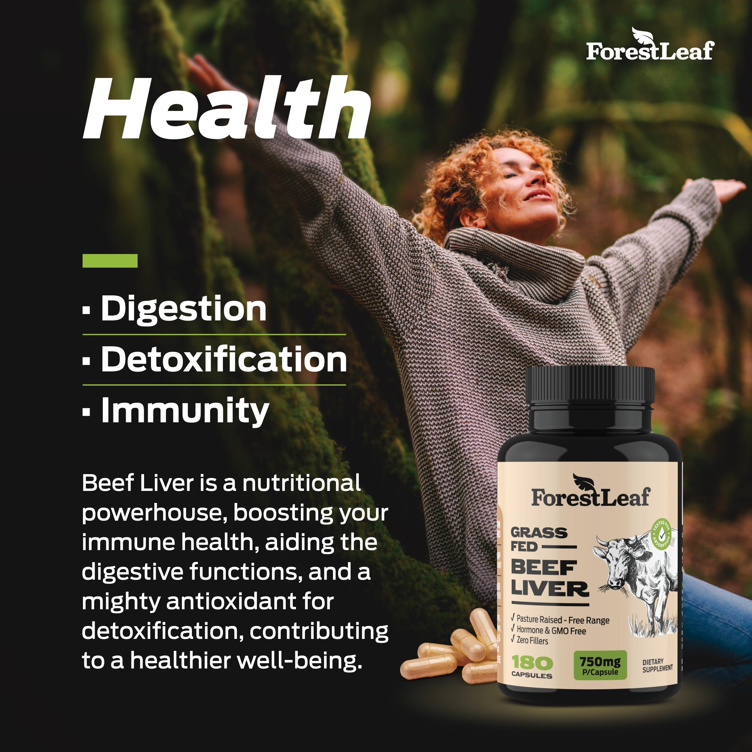 ForestLeaf lab-tested seal and allergen-free claim for trusted supplement quality.