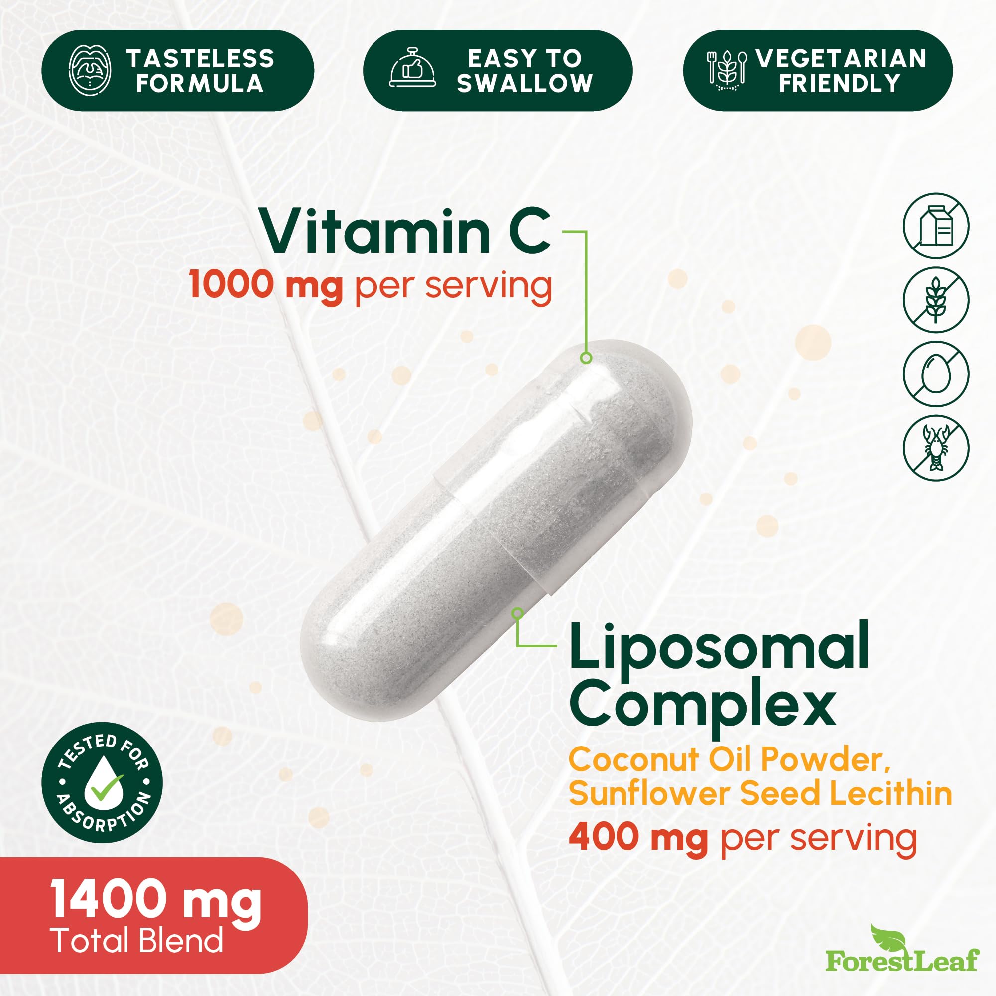ForestLeaf liposomal vitamin C capsules close-up demonstrates convenient two-capsule daily dose.