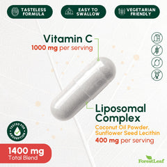 ForestLeaf liposomal vitamin C capsules close-up demonstrates convenient two-capsule daily dose.