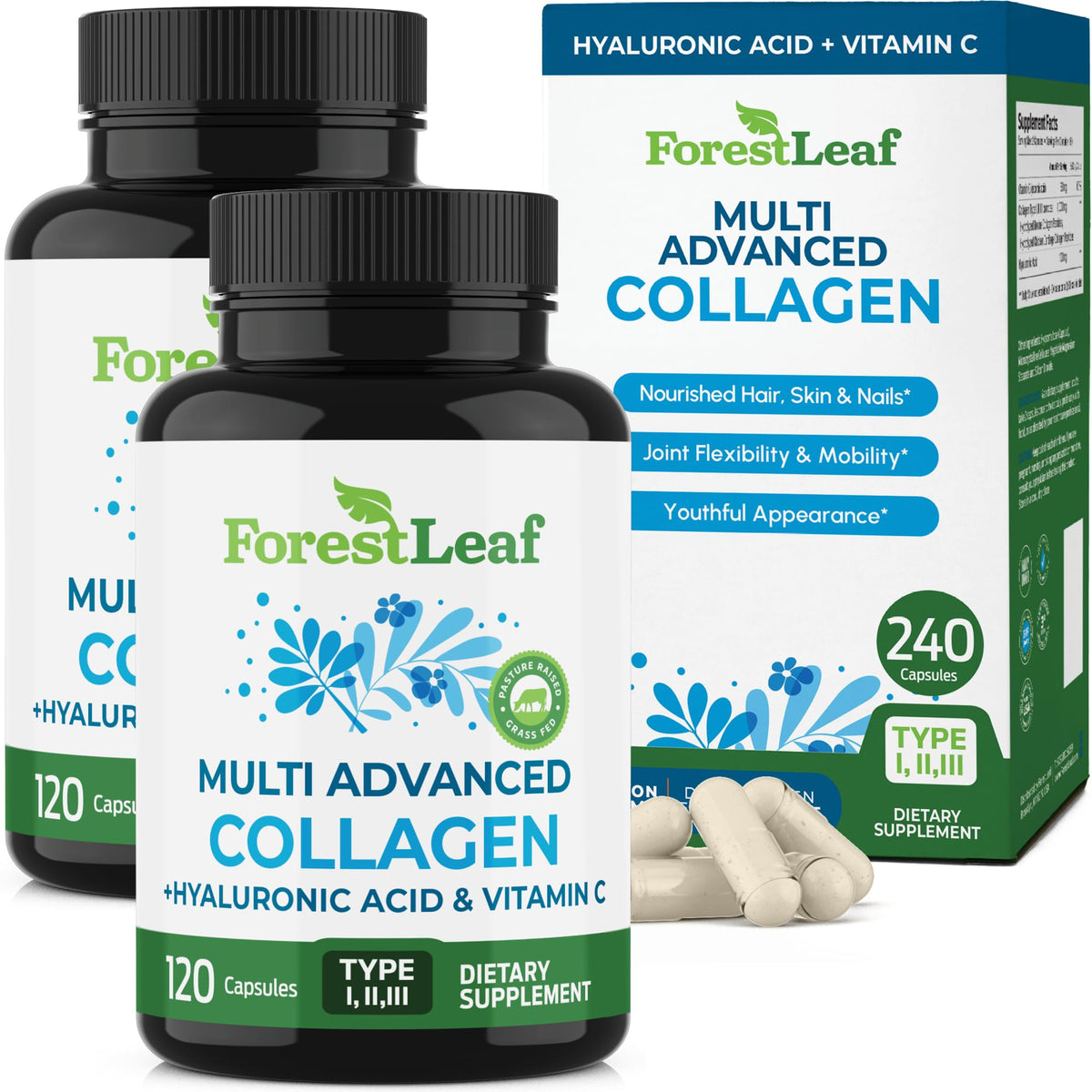 ForestLeaf multi-collagen pills bottle supports skin and joints.