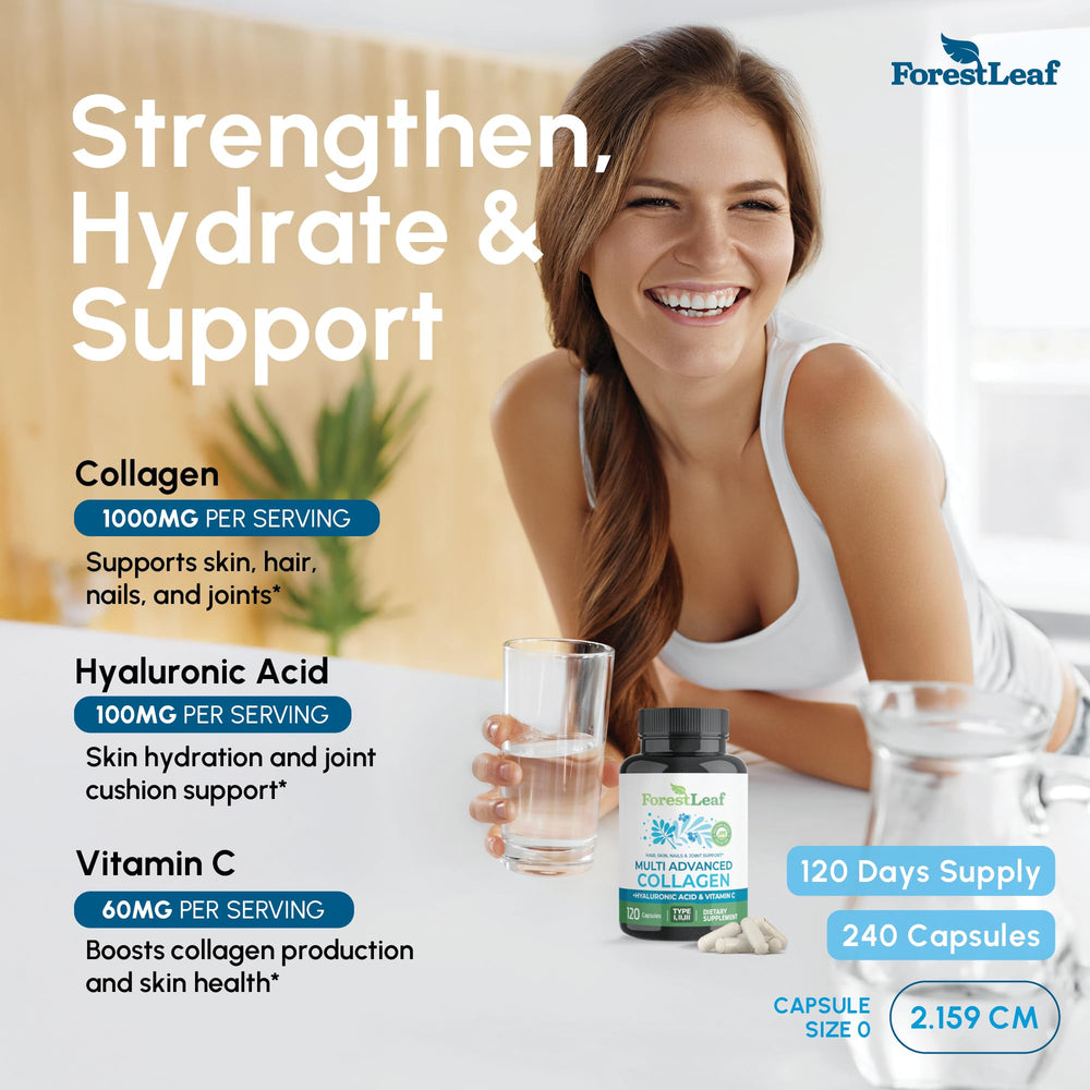 ForestLeaf multi-collagen pills capsules close-up showing smooth texture for skin support.