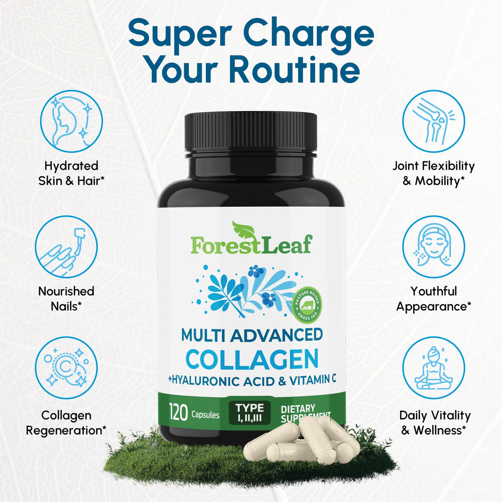 ForestLeaf multi-collagen pills label detail highlights ingredients and benefits.
