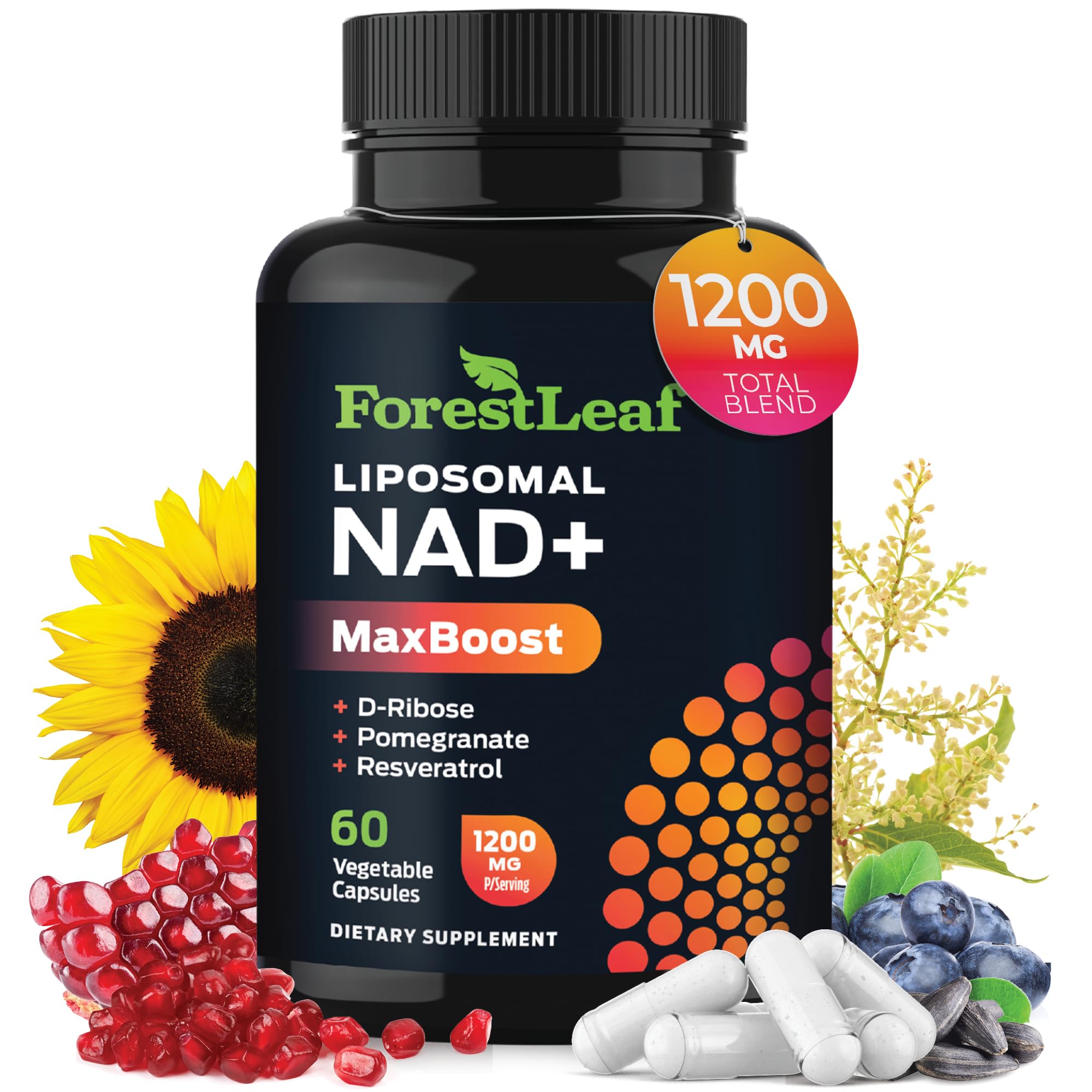 ForestLeaf NAD+ Resveratrol bottle pours for convenient daily energy support
