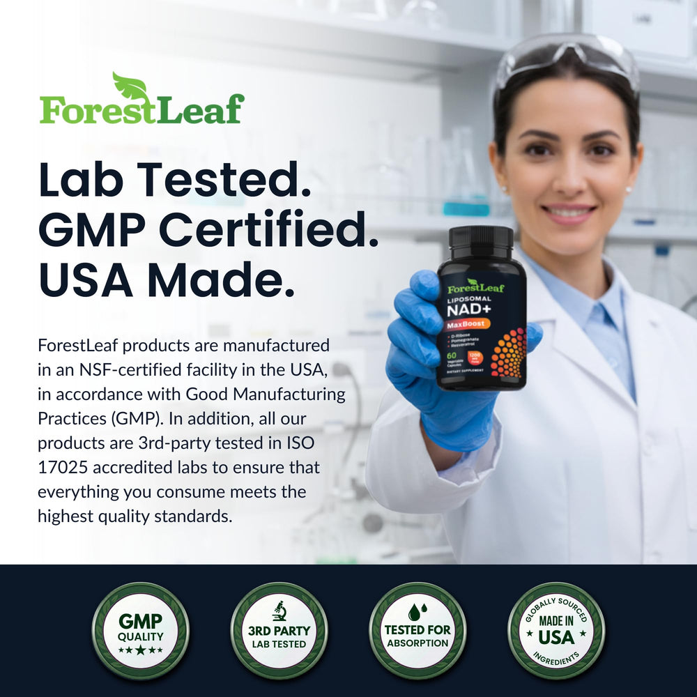 ForestLeaf NAD+ Resveratrol lab-tested seal signals third-party quality assurance