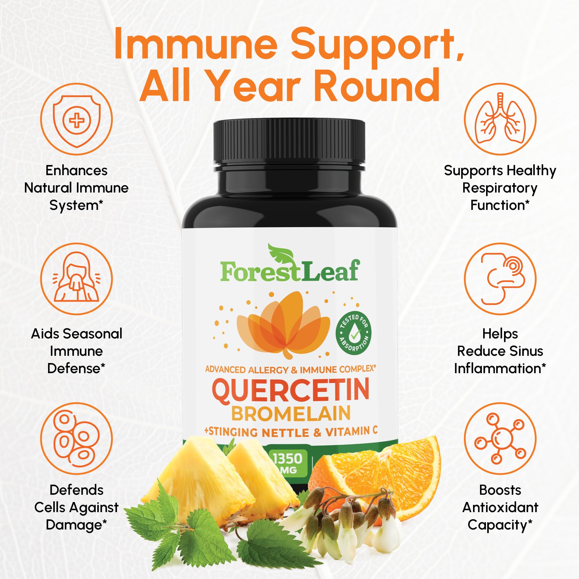 ForestLeaf Quercetin with Bromelain bottle pour highlights ready-to-use supplement for absorption.