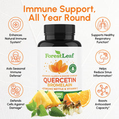 ForestLeaf Quercetin with Bromelain bottle pour highlights ready-to-use supplement for absorption.