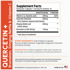 ForestLeaf Quercetin capsules closeup shows vegetarian capsules and non-GMO formula.