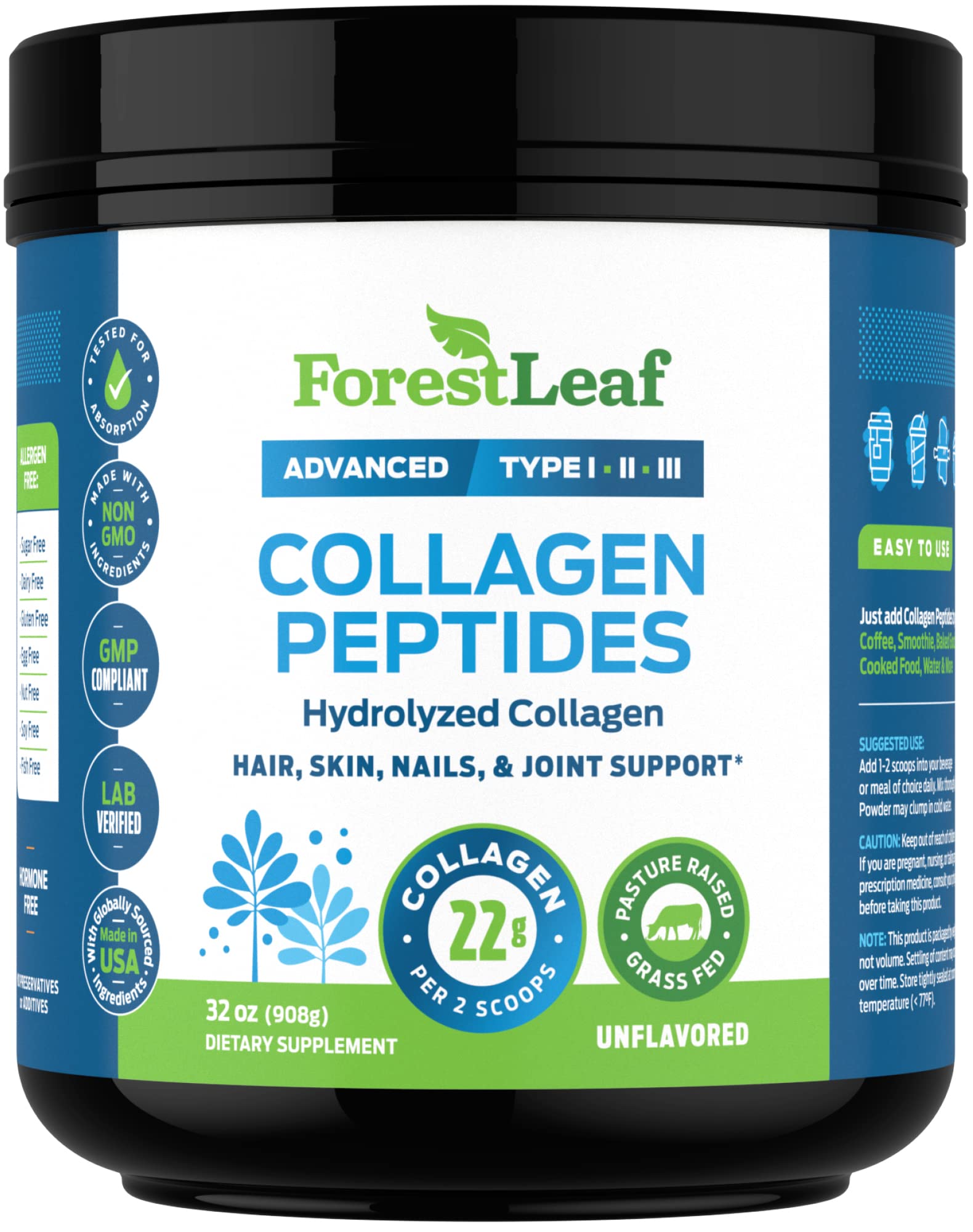 USA-made ForestLeaf collagen bottle on kitchen counter.