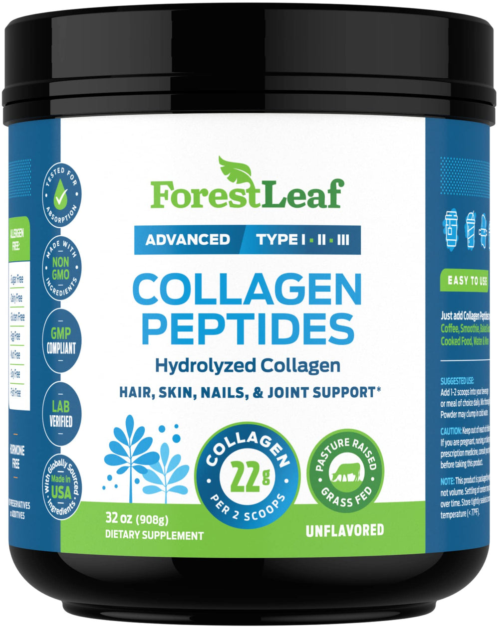 USA-made ForestLeaf collagen bottle on kitchen counter.