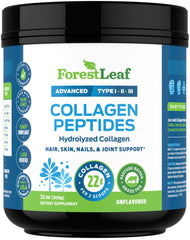 USA-made ForestLeaf collagen bottle on kitchen counter.