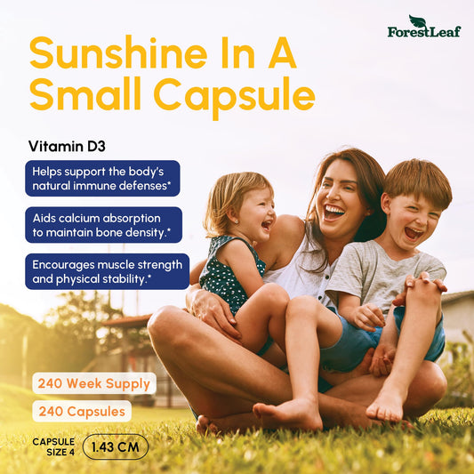 ForestLeaf Vitamin D3 capsules closeup showing small easy-to-swallow pills.