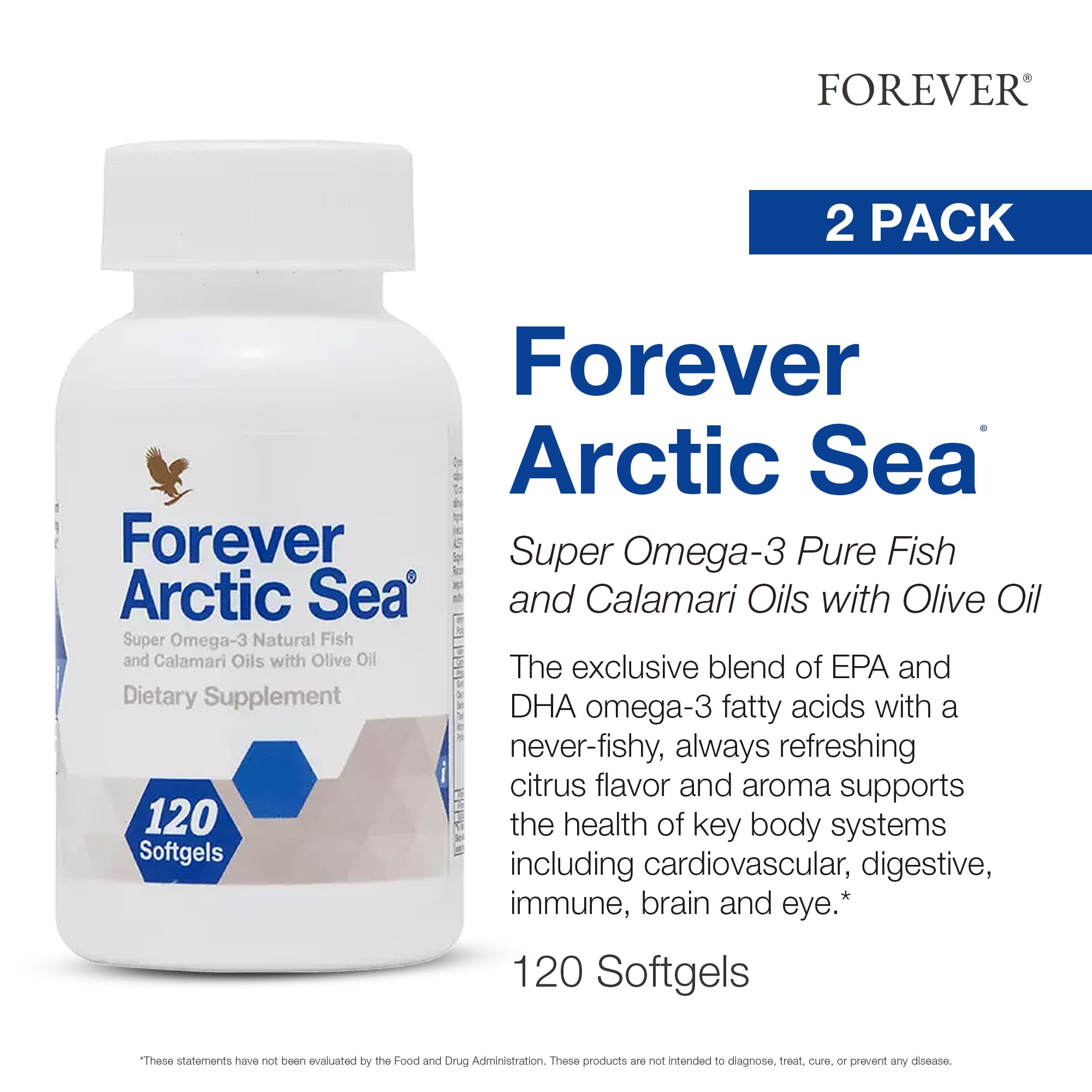 Forever Arctic Sea Omega-3 softgels close-up with citrus aroma.