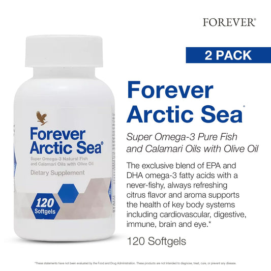 Forever Arctic Sea Omega-3 softgels close-up with citrus aroma.