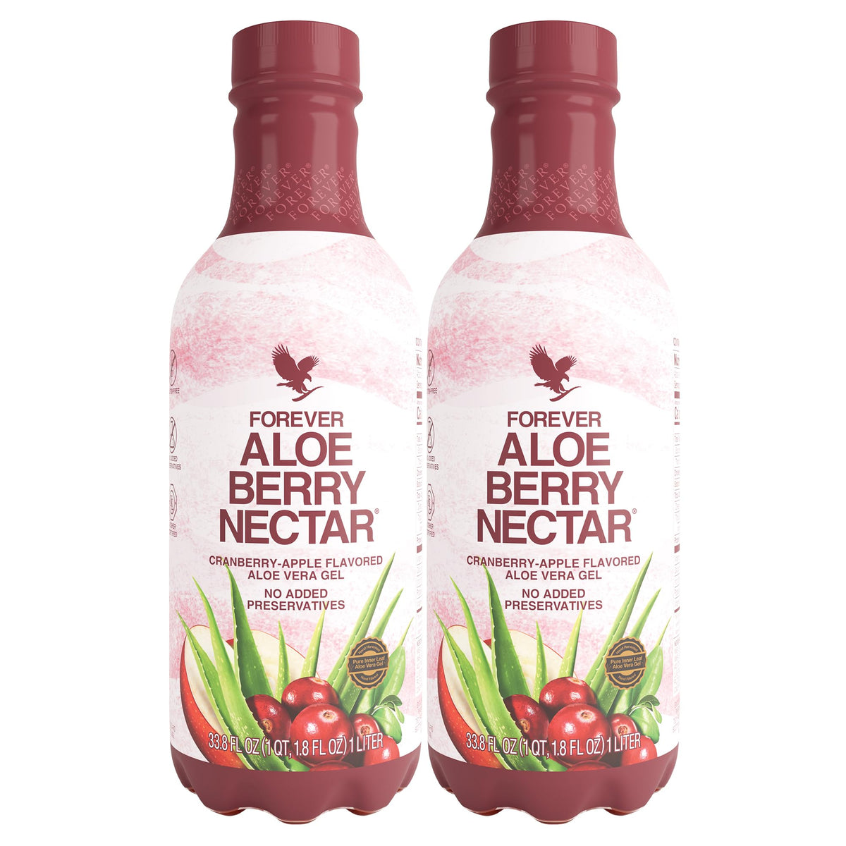 Forever Living Aloe Berry Nectar bottle pouring a refreshing, preservative-free aloe drink.